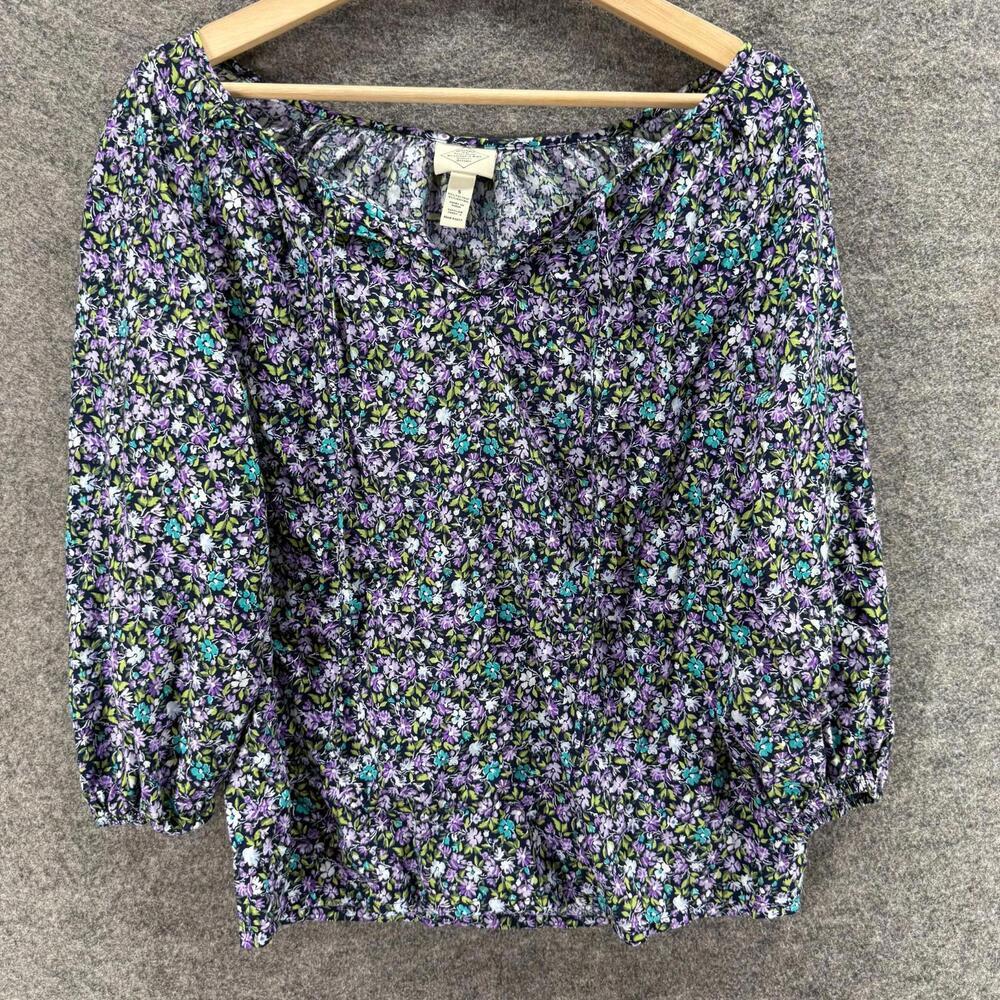 St. John's Bay Blouse Women S Small Black Floral V-Neck Tasseled Long Sleeve